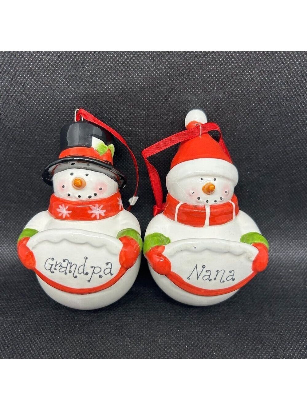 Grandpa and Nana porcelain Snowman ornaments